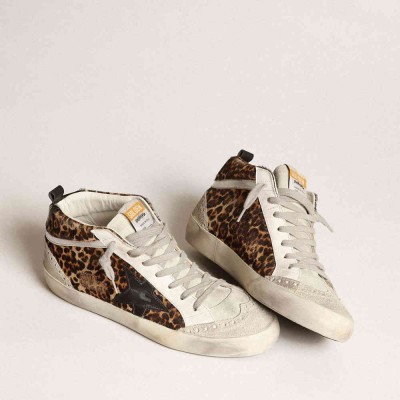 Golden Goose Mid Star Sneakers In Leopard Print Pony Skin With Black Star