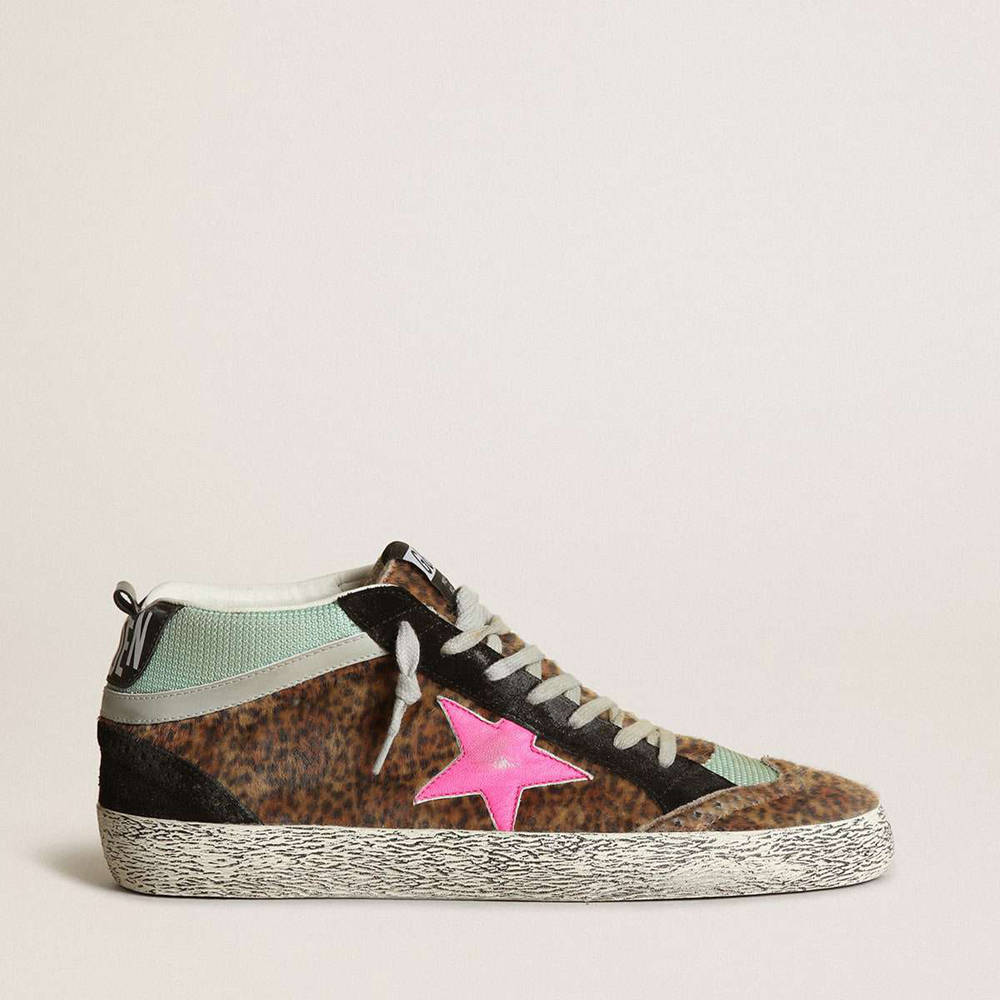 Golden Goose Mid Star Sneakers In Leopard-print Pony Skin With Fuchsia Leather Star