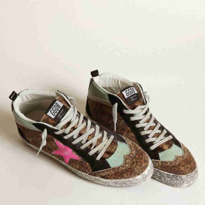 Golden Goose Mid Star Sneakers In Leopard-print Pony Skin With Fuchsia Leather Star