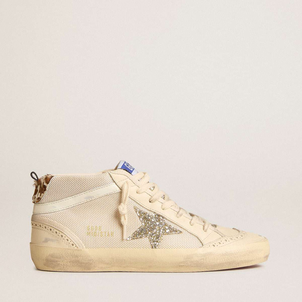 Golden Goose Mid Star Sneakers In Mesh With Platinum Glitter Star And White Leather Flash