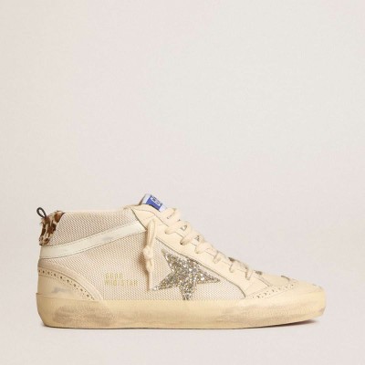 Golden Goose Mid Star Sneakers In Mesh With Platinum Glitter Star And White Leather Flash