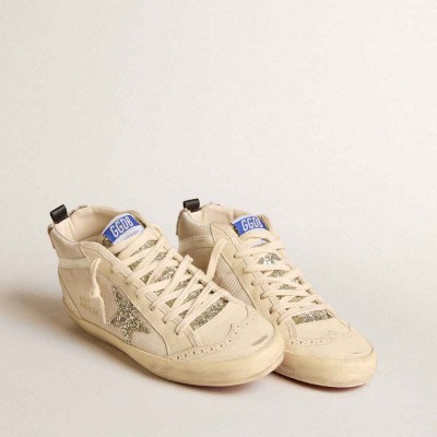 Golden Goose Mid Star Sneakers In Mesh With Platinum Glitter Star And White Leather Flash
