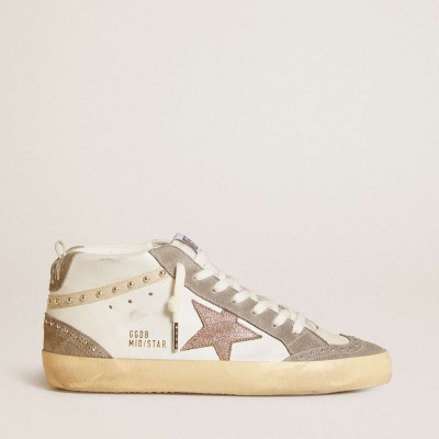 Golden Goose Mid Star Sneakers In Nappa And Suede With Light Brown Metallic Leather Star
