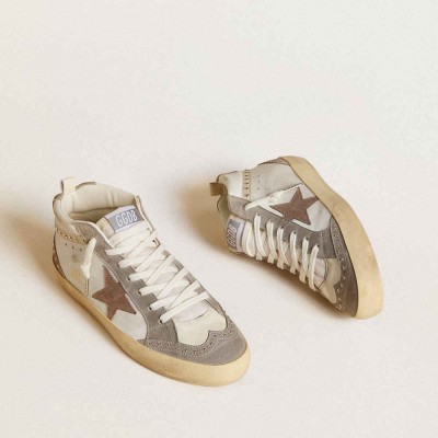 Golden Goose Mid Star Sneakers In Nappa And Suede With Light Brown Metallic Leather Star