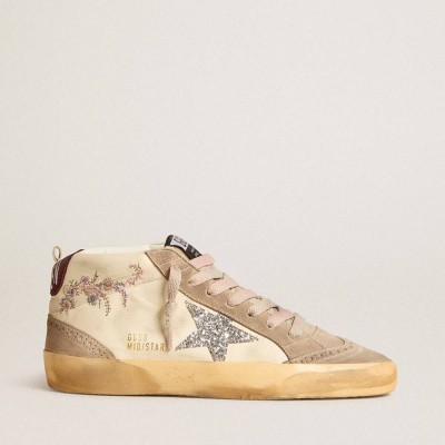 Golden Goose Mid Star Sneakers In Nappa Leather With Floral Embroidery And Silver Glitter Star