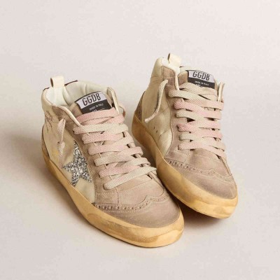 Golden Goose Mid Star Sneakers In Nappa Leather With Floral Embroidery And Silver Glitter Star