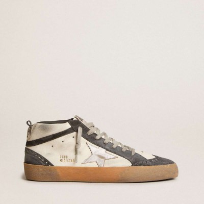 Golden Goose Mid Star Sneakers In Nappa Leather With Silver Leather Star And Black Suede Flash