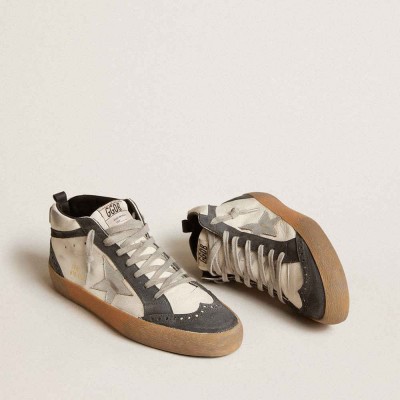 Golden Goose Mid Star Sneakers In Nappa Leather With Silver Leather Star And Black Suede Flash