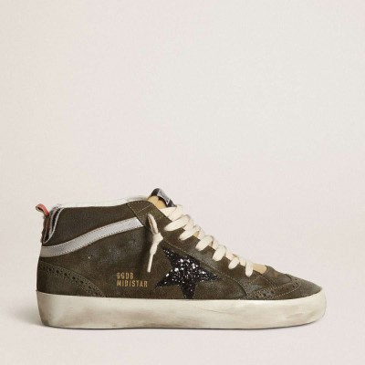 Golden Goose Mid-Star In Olive-green Suede With Black Glitter Star And Pony Skin Heel Tab