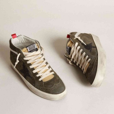 Golden Goose Mid-Star In Olive-green Suede With Black Glitter Star And Pony Skin Heel Tab