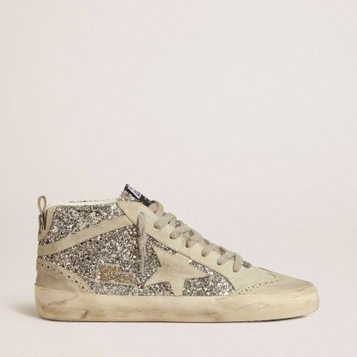 Golden Goose Mid Star Sneakers In Silver Glitter With Ice-gray Suede Star And Flash
