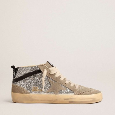 Golden Goose Mid Star Sneakers In Silver Glitter With Suede Star And Black Flash