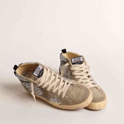 Golden Goose Mid Star Sneakers In Silver Glitter With Suede Star And Black Flash