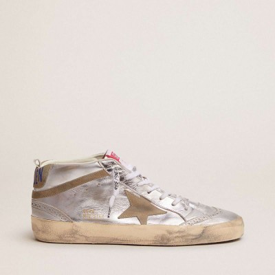 Golden Goose Mid Star Sneakers In Silver Laminated Leather With Dove Gray Star