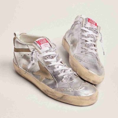 Golden Goose Mid Star Sneakers In Silver Laminated Leather With Dove Gray Star