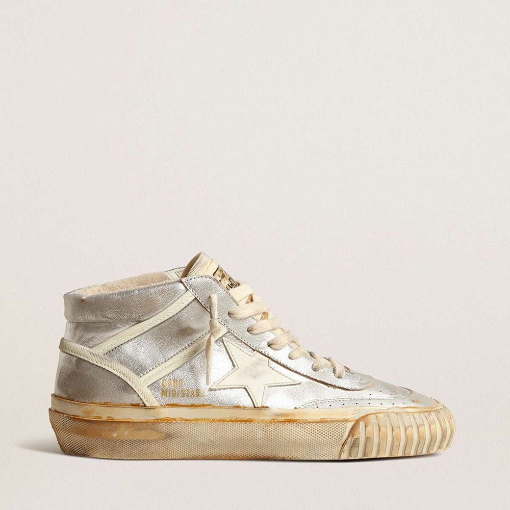 Golden Goose Mid Star Sneakers In Silver Metallic Leather With Ivory Star
