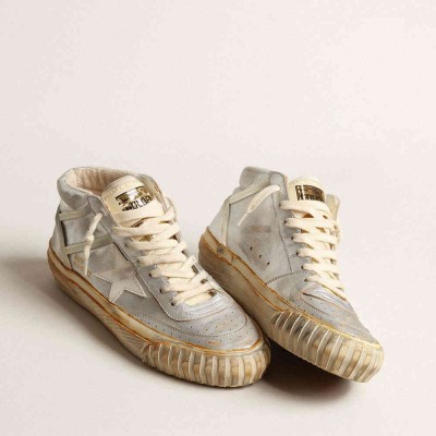 Golden Goose Mid Star Sneakers In Silver Metallic Leather With Ivory Star