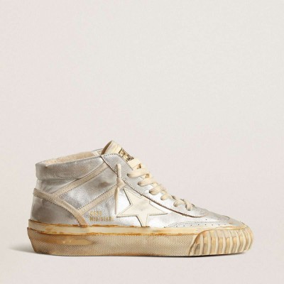 Golden Goose Mid Star Sneakers In Silver Metallic Leather With Ivory Star