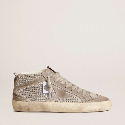 Golden Goose Mid Star Sneakers In Silver Suede With Swarovski Crystals And Suede Star