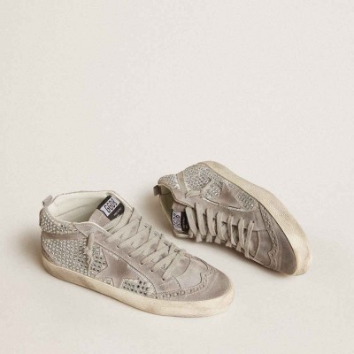 Golden Goose Mid Star Sneakers In Silver Suede With Swarovski Crystals And Suede Star