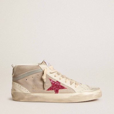 Golden Goose Mid Star Sneakers In Suede With Fuchsia Glitter Star And Gray Leather Flash