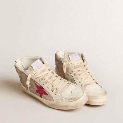Golden Goose Mid Star Sneakers In Suede With Fuchsia Glitter Star And Gray Leather Flash