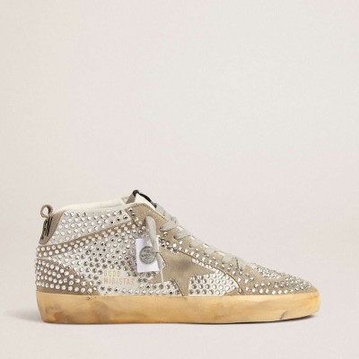 Golden Goose Mid Star Sneakers In White And Dove-gray Suede With Swarovski Crystals