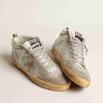 Golden Goose Mid Star Sneakers In White And Dove-gray Suede With Swarovski Crystals