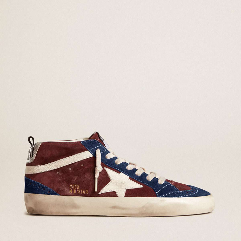 Golden Goose Mid Star Sneakers In Wine-red Suede With White Nappa Star And Flash