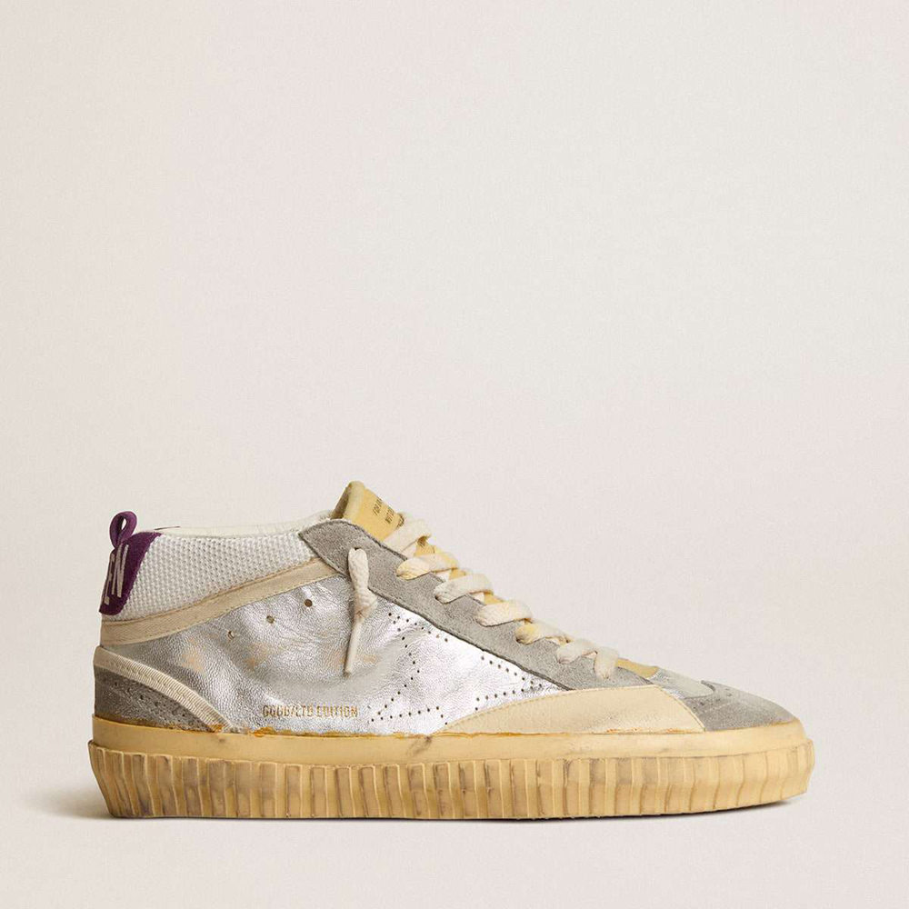 Golden Goose Mid Star Sneakers LAB In Silver Metallic Leather And Mesh With Perforated Star
