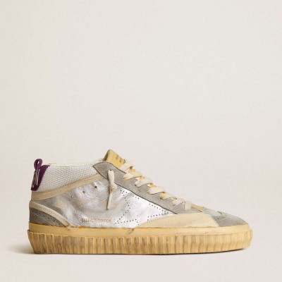 Golden Goose Mid Star Sneakers LAB In Silver Metallic Leather And Mesh With Perforated Star