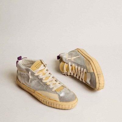 Golden Goose Mid Star Sneakers LAB In Silver Metallic Leather And Mesh With Perforated Star