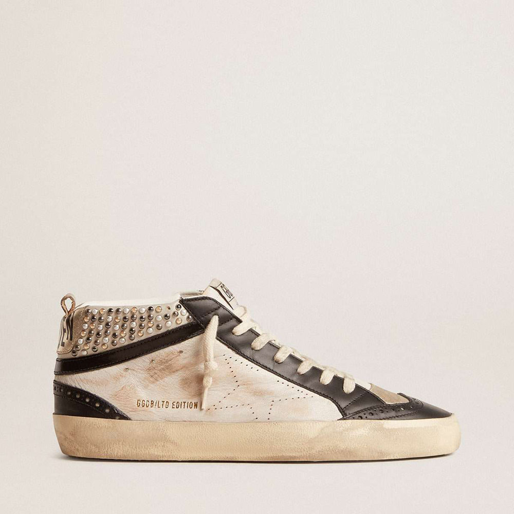 Golden Goose Mid Star LTD Sneakers In Black And White Leather With Pearls And Perforated Star