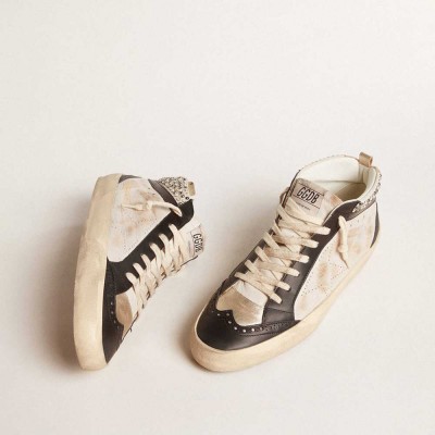 Golden Goose Mid Star LTD Sneakers In Black And White Leather With Pearls And Perforated Star