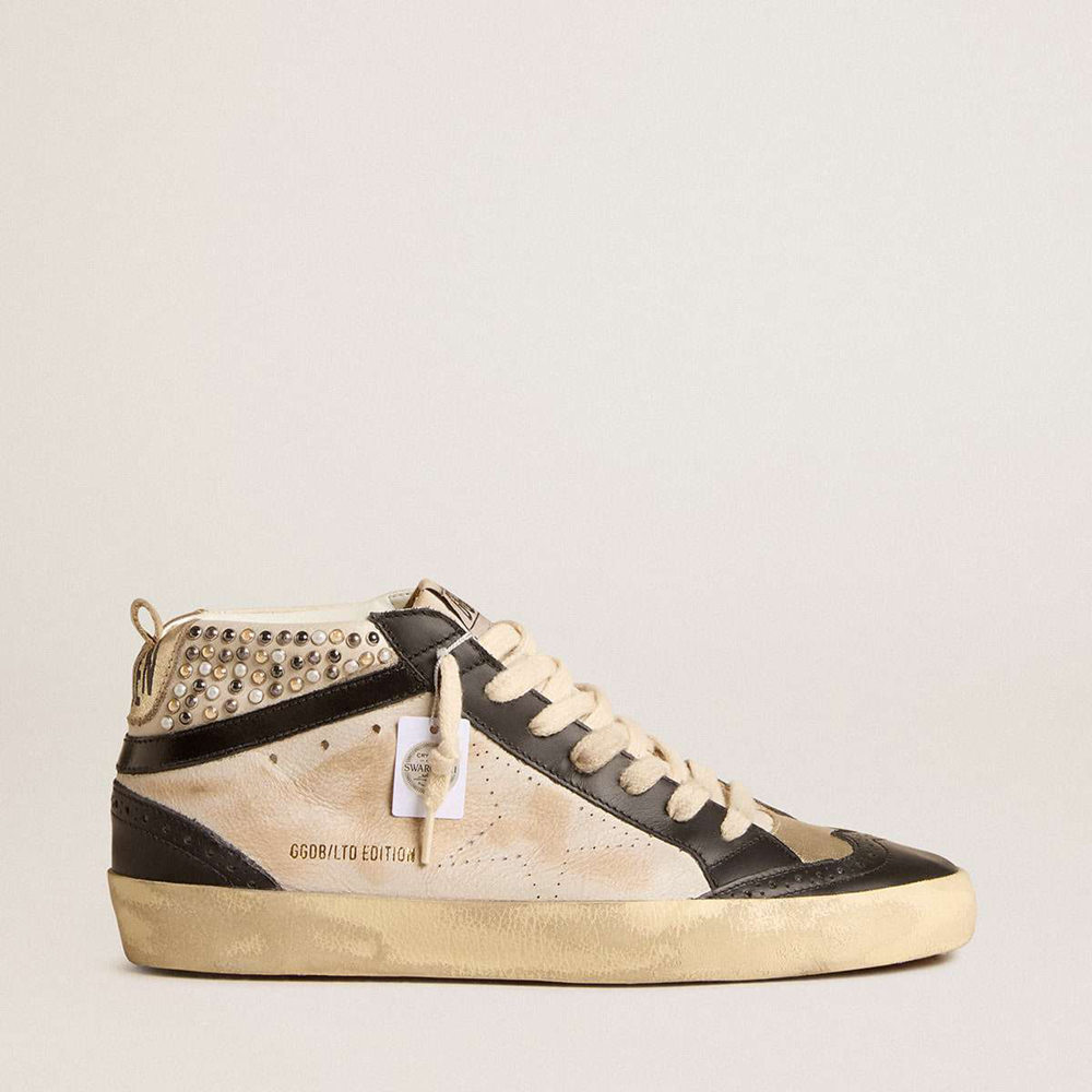 Golden Goose Mid Star LTD Sneakers In Black And White Leather With Pearls And Perforated Star