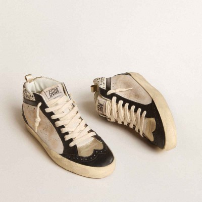 Golden Goose Mid Star LTD Sneakers In Black And White Leather With Pearls And Perforated Star