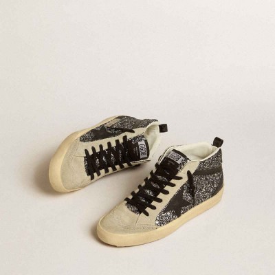 Golden Goose Mid Star LTD Sneakers In Black Glitter With Black Leather Star And Flash