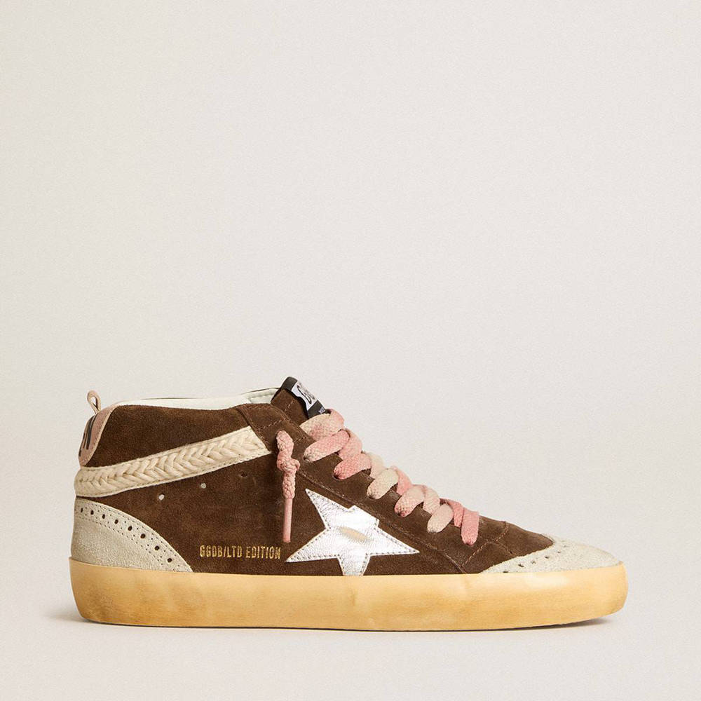 Golden Goose Mid Star LTD Sneakers In Brown Suede With Silver Nappa Leather Star And Cream Flash