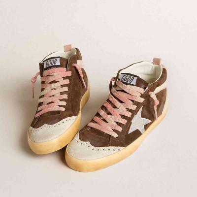 Golden Goose Mid Star LTD Sneakers In Brown Suede With Silver Nappa Leather Star And Cream Flash