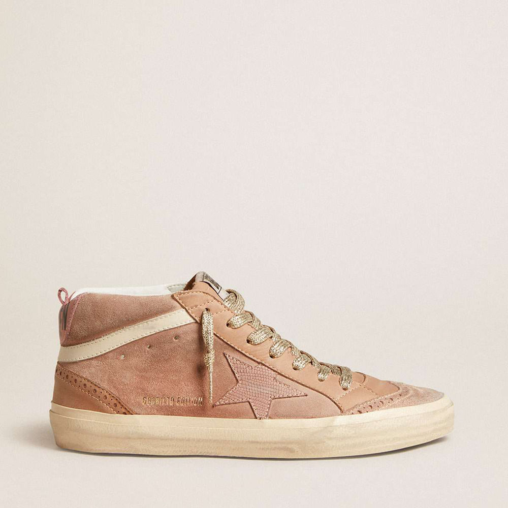 Golden Goose Mid Star LTD Sneakers In Pink Suede With Pink Lizard-print Leather Star