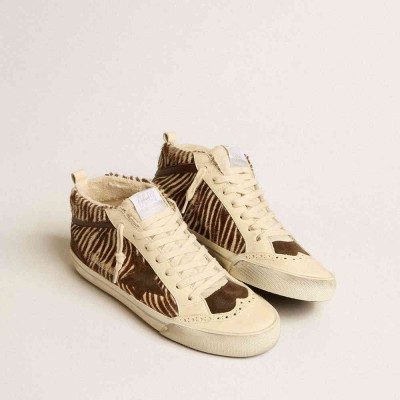 Golden Goose Mid Star LTD Sneakers In Zebra-print Pony Skin With Suede Star And Brown Flash