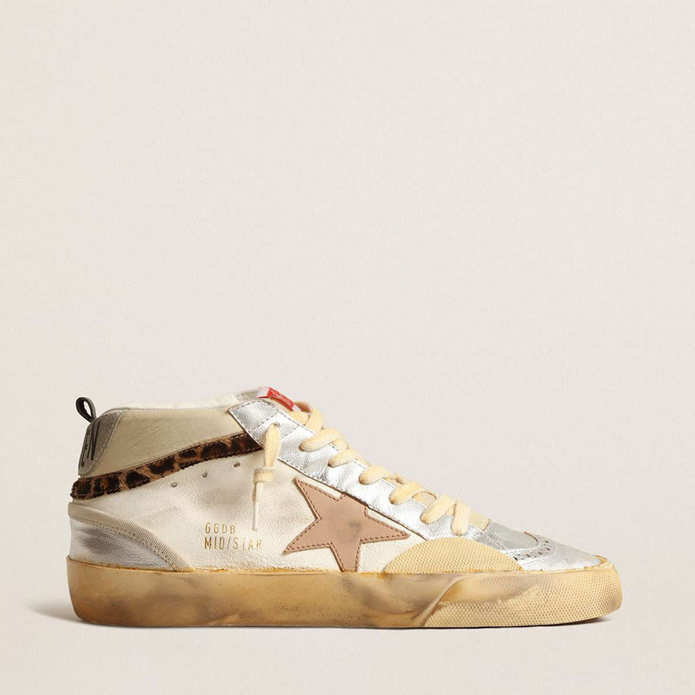 Golden Goose Mid Star LTD Sneakers With Silver Metallic Leather Inserts And Pink Star
