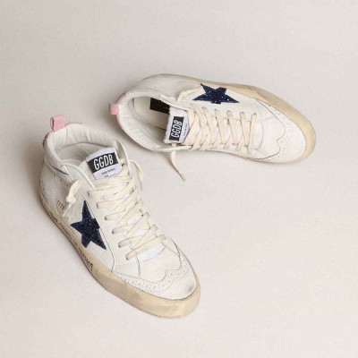 Golden Goose Mid Star Sneakers With Blue Glitter Star And Pink Suede Heel Tab