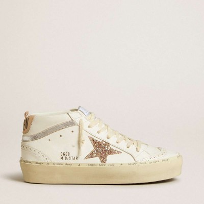 Golden Goose Mid Star Sneakers With Glitter Star And Metallic Silver Leather Flash
