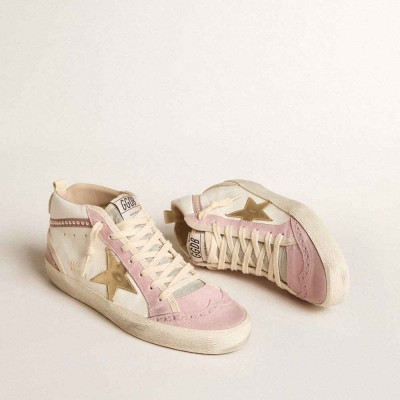 Golden Goose Mid Star Sneakers With Gold Leather Star And Pink Suede Flash With Pearls