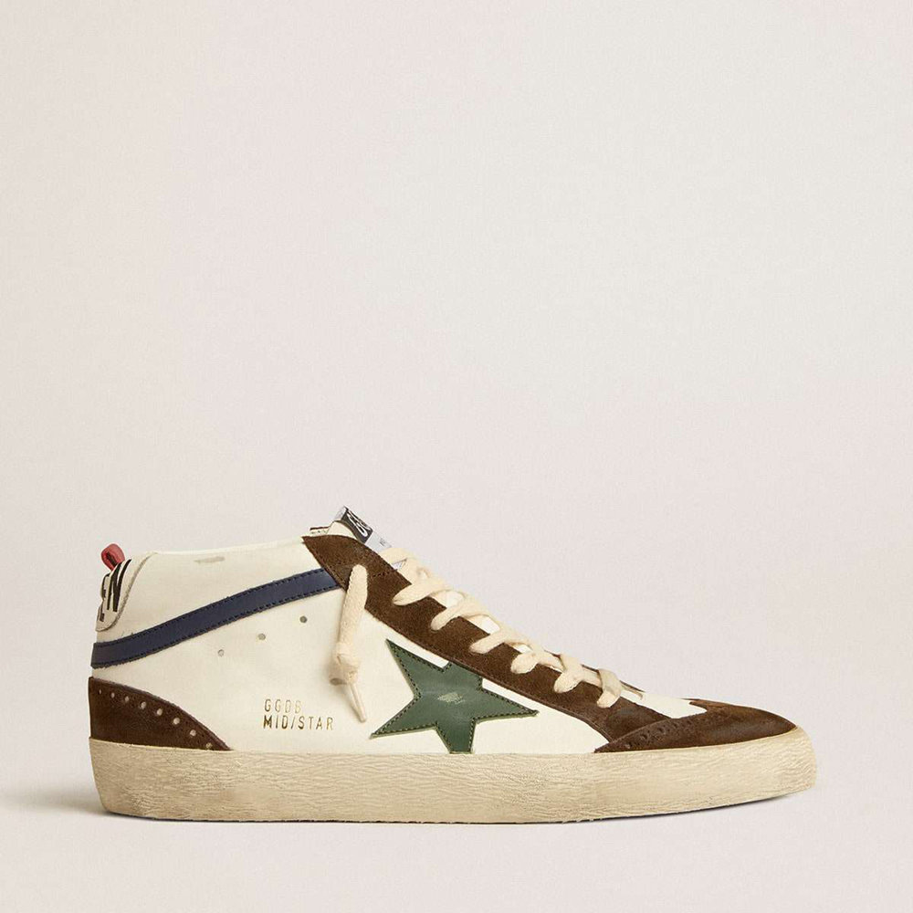 Golden Goose Mid Star Sneakers With Green Leather Star And Blue Leather Flash