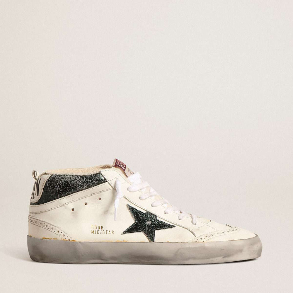 Golden Goose Mid Star Sneakers With Green Metallic Leather Star And White Flash