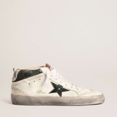 Golden Goose Mid Star Sneakers With Green Metallic Leather Star And White Flash