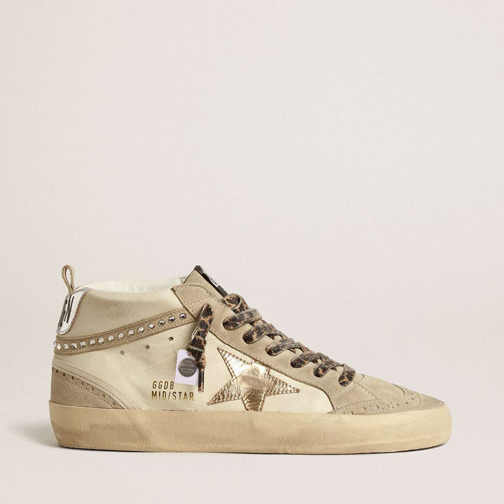 Golden Goose Mid Star Sneakers With Metallic Leather Star And Swarovski Crystal Flash