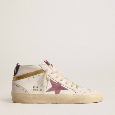 Golden Goose Mid Star Sneakers With Pink Suede Star And Gold Metallic Leather Flash